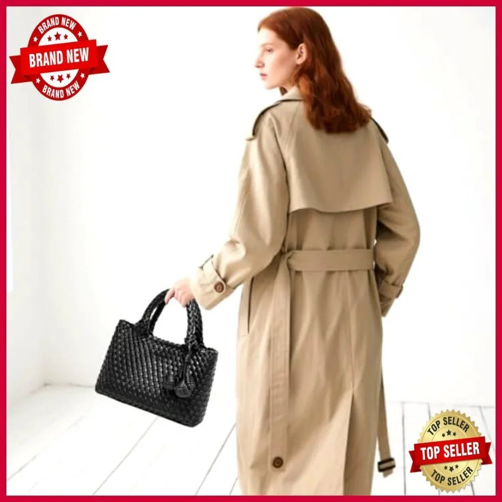 Leather Woven Tote Bag with Clutch, Adjustable Strap, Hobo Style